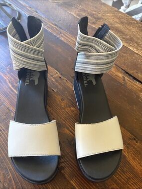 Sorel Ivory and Black Ankle-Strap Sandals